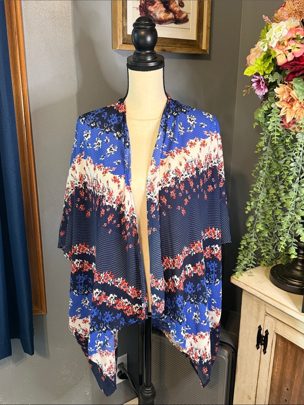 Maurices Navy Floral Open Front Blouse with Red Accents